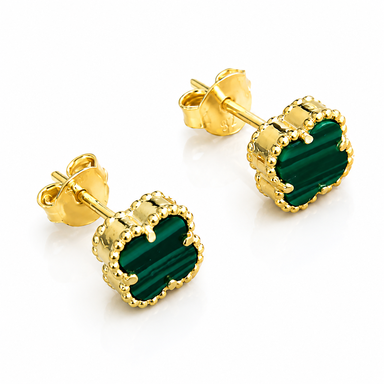 Cercei Delicate Clover din Argint 925 Placat cu Aur 14K și Malachit Verde Natural, Model Tip Van Cleef, 6 mm. C425