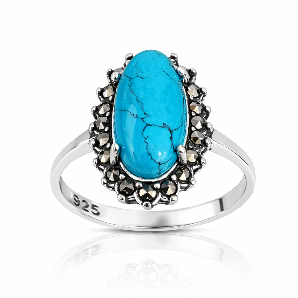Inel Argint 925 cu Turcoaz Oval 14x7 mm și Marcazite – Bijuterie Elegantă Vintage. ID508