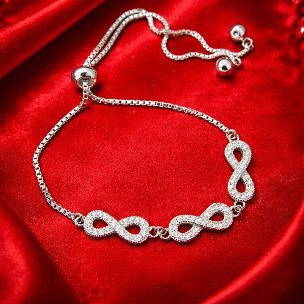 Brățară Argint 925 Rodiat cu Simboluri Infinit și Cristale – Reglabilă, Elegantă. BD389