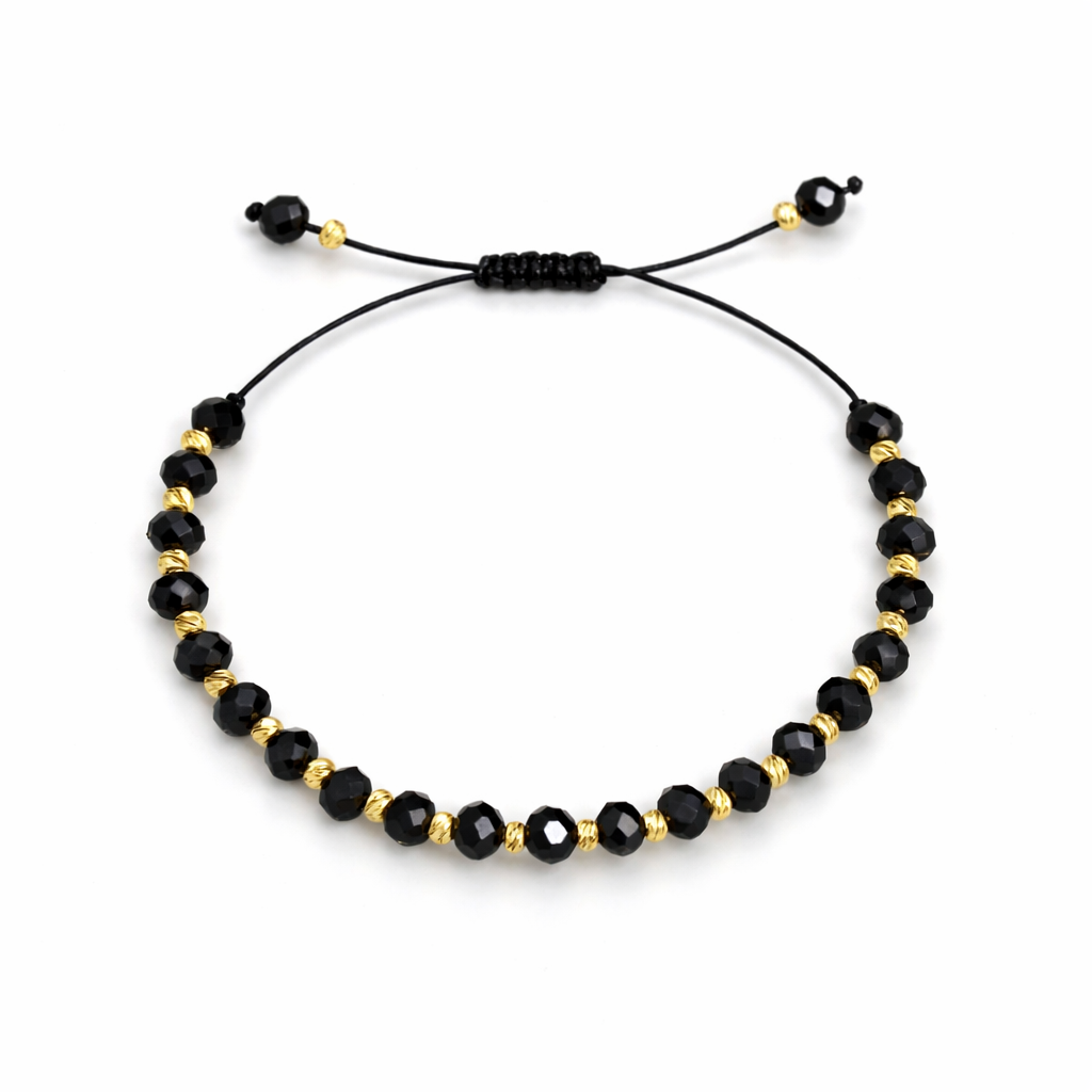 Brățară Unisex Handmade din Argint 925 Placat cu Aur, Biluțe Negre Fațetate, Lungime Ajustabilă. BS1