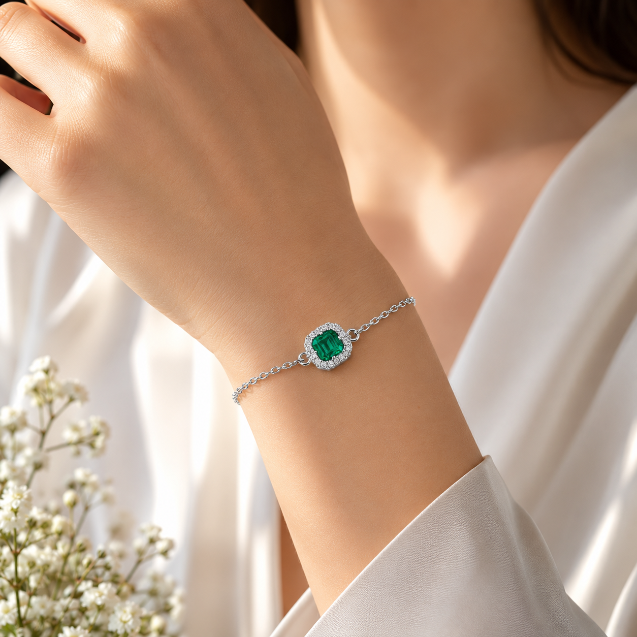 Brățară din Argint 925 Rodiat cu Malachit Verde Natural, Model Clover Luxury Tip Van Cleef, Ajustabilă 18+4 cm. BD320