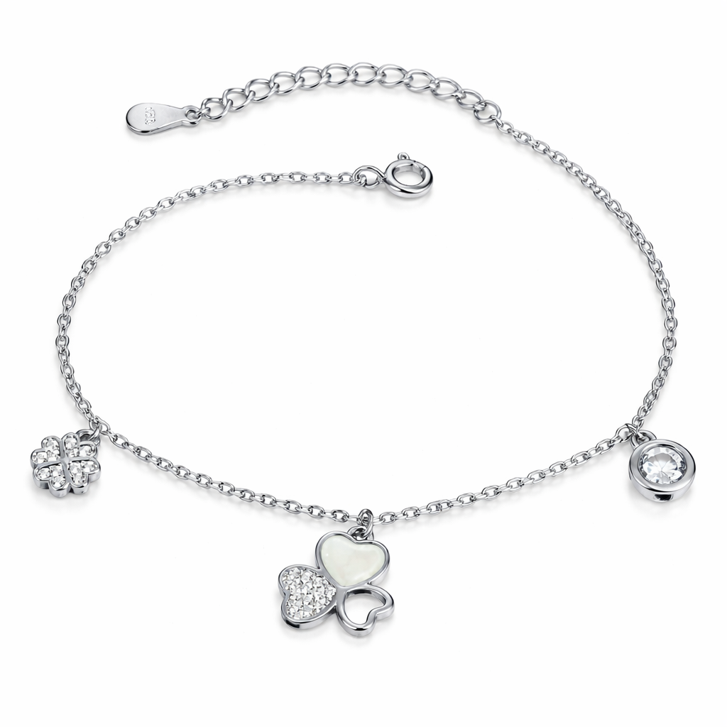 Brățară din Argint 925 Rodiat „Charm Elegance” – Trifoi 12 mm, Inimioare cu Zirconii & Sidef, Reglabilă 17+3 cm. BD418
