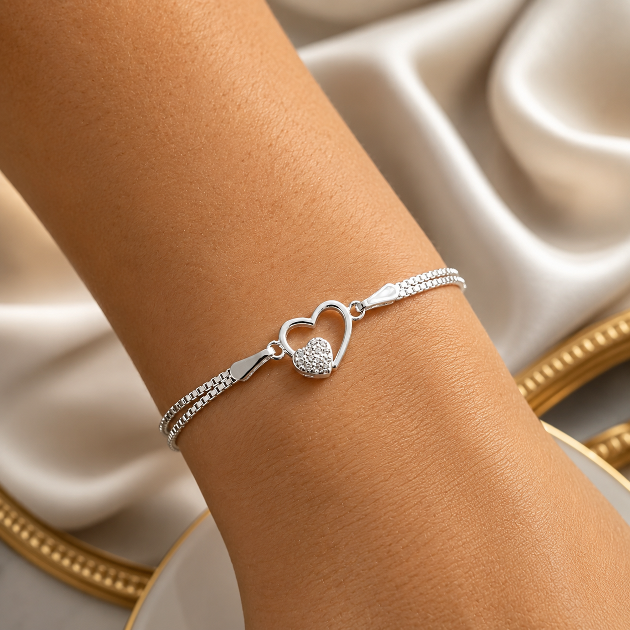 Brățară din Argint 925 „Inima Eternă” – Inimă Dublă cu Zirconii, Reglabilă 16+3 cm. BD445