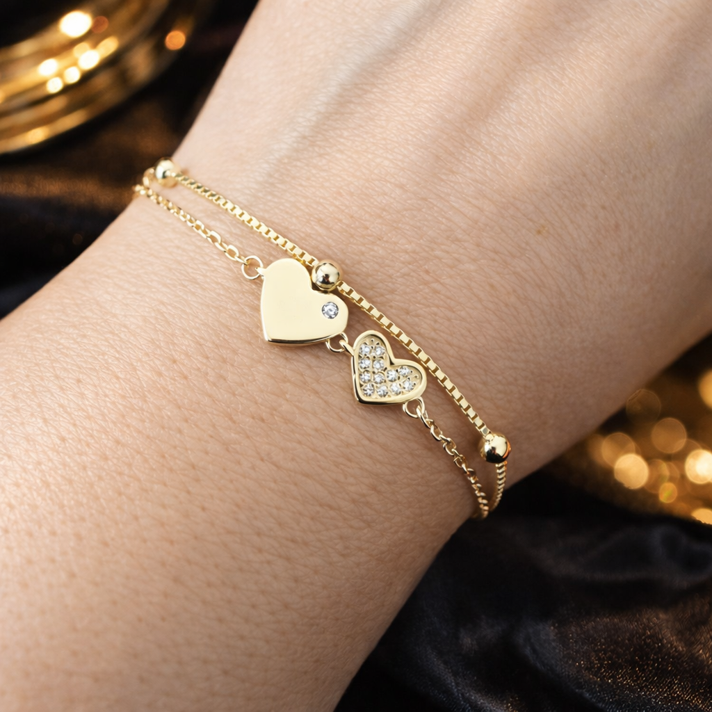 Brățară din Argint 925 Placată cu Aur 18K cu Inimi și Zirconii – Brățară Dublă Elegantă pentru Femei, Lungime Ajustabilă 18+3 cm