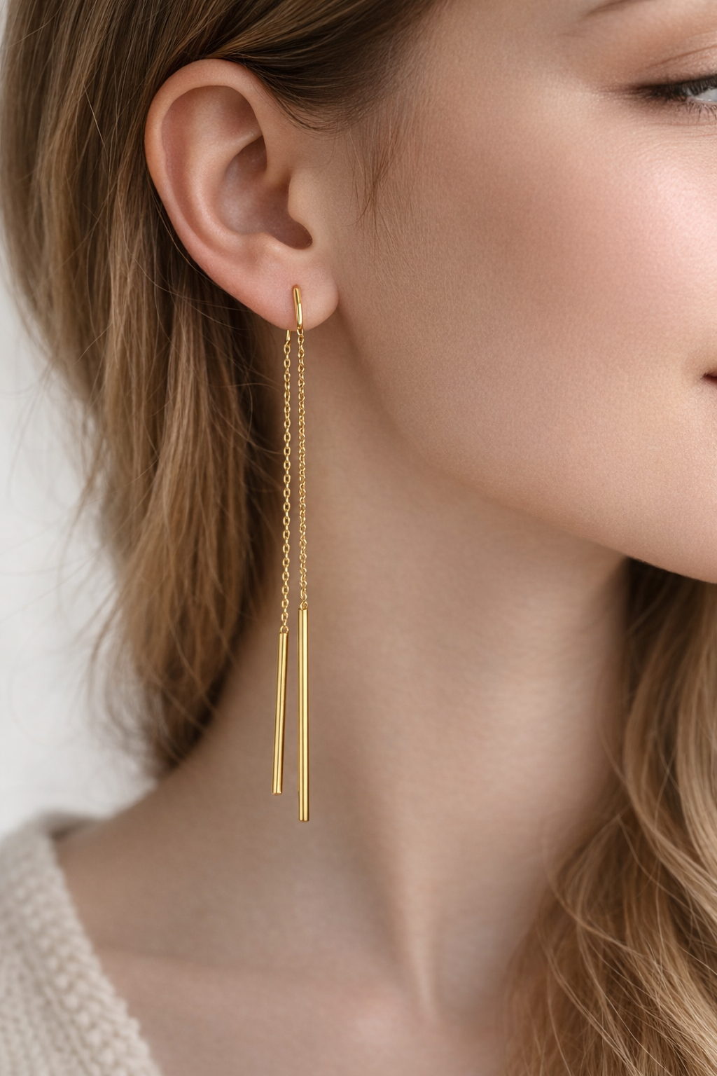 Cercei lungi din Argint 925 Aurit, tip Threader, 8 cm – Design minimalist elegant, cu lanț fin. CD565