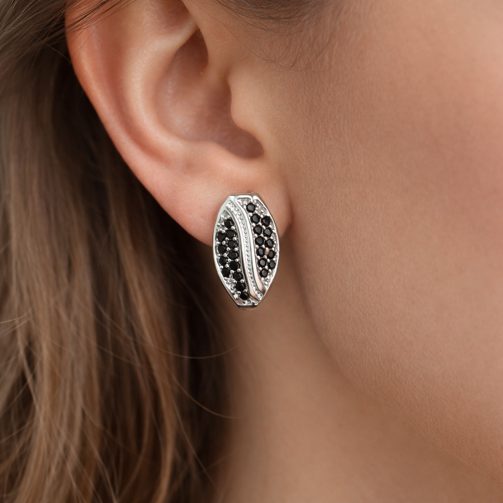 Cercei din Argint 925 cu Zirconii Negre – Model Elegant Tip Frunză 14x8 mm | Cercei Argint Dama Moderni, Cadou Premium. CD534