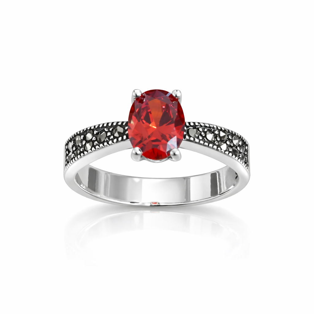 Inel Imperial Ruby Night – Argint 925 cu Marcasite și Piatră Roșie Ovală. ID514