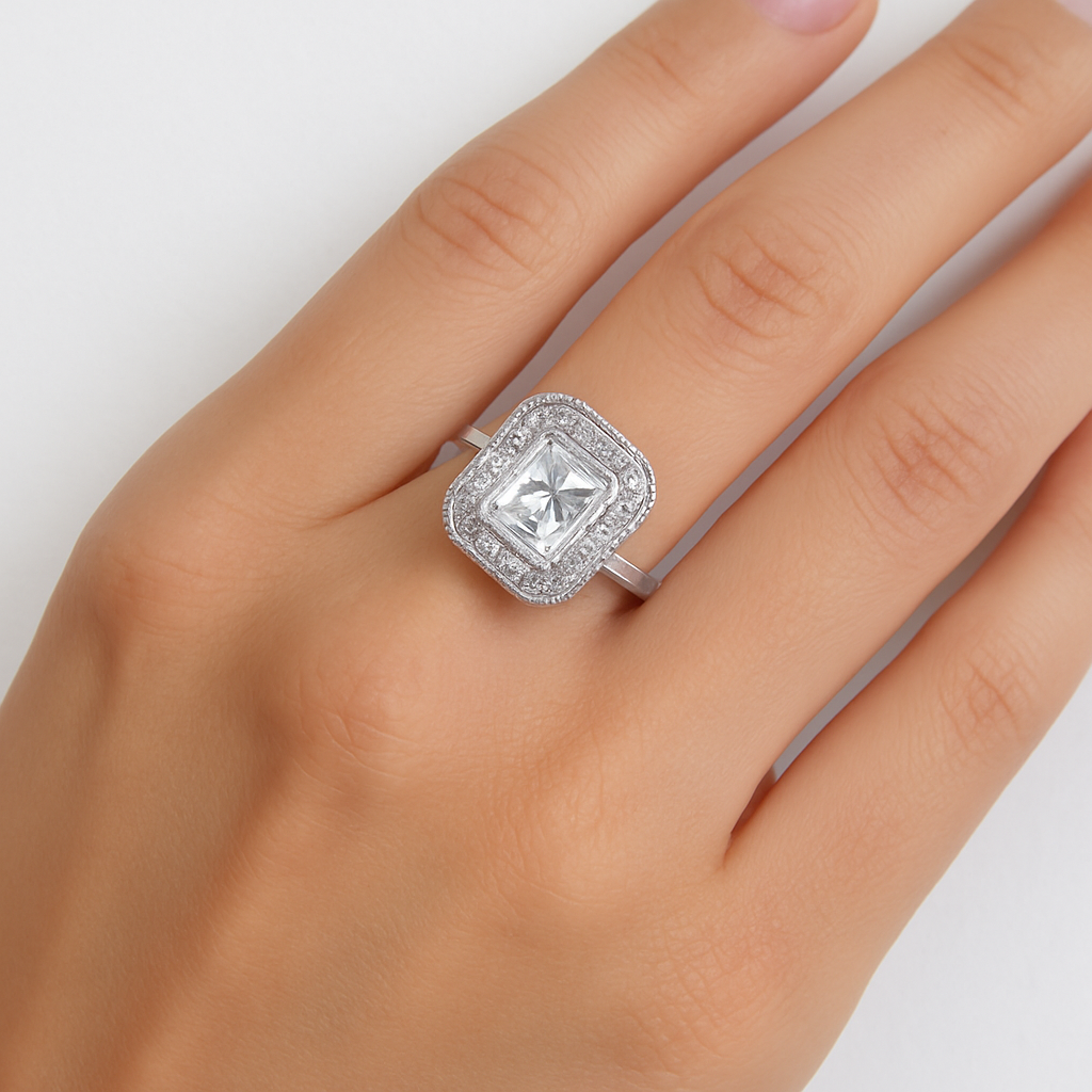 Inel Elegant din Argint 925 cu Piatra Patrata Tip Diamant, Stil Vintage, Mărime 15