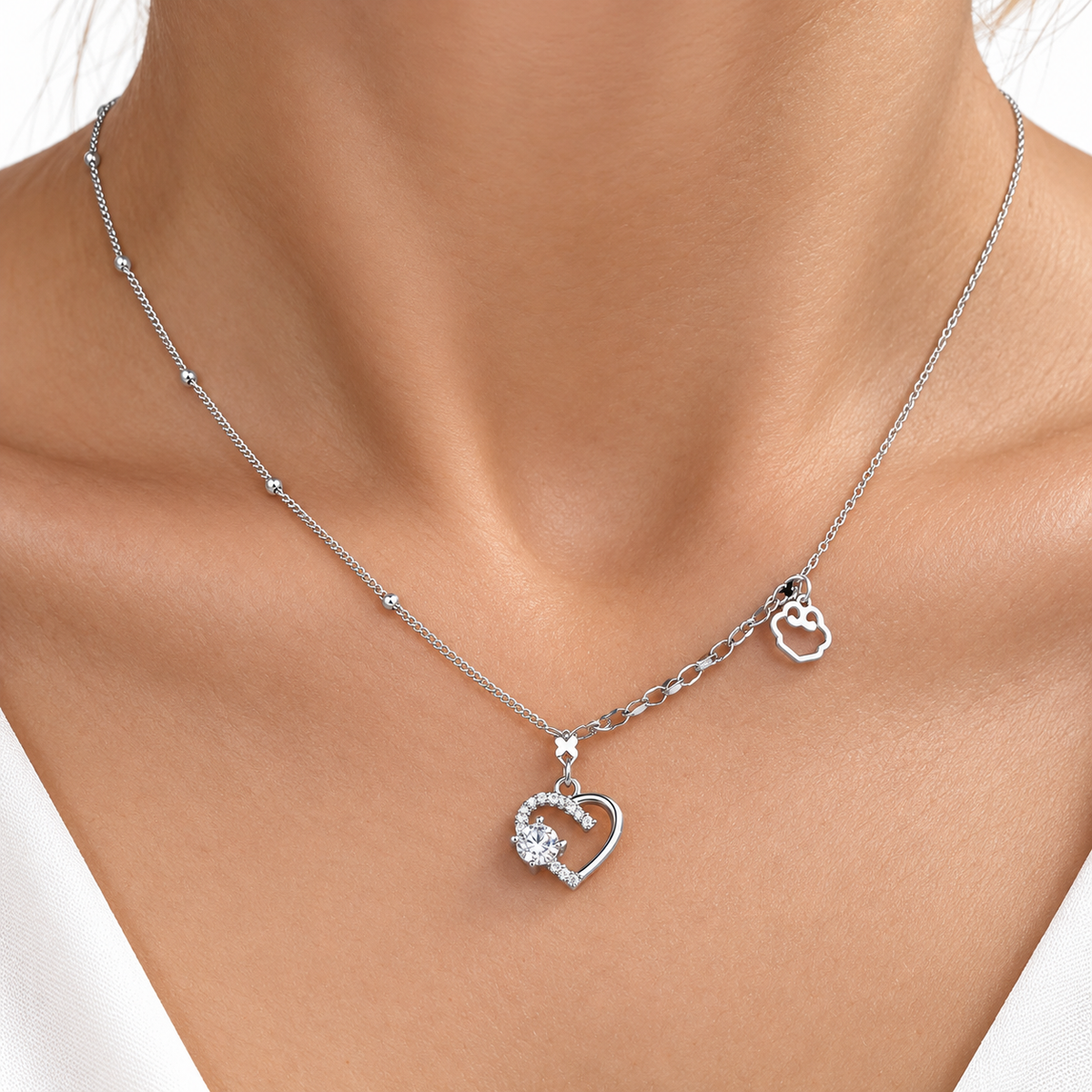 Colier Inimă cu Cristal și Charm Lăbuță din Argint 925 – 40+5 cm. C161
