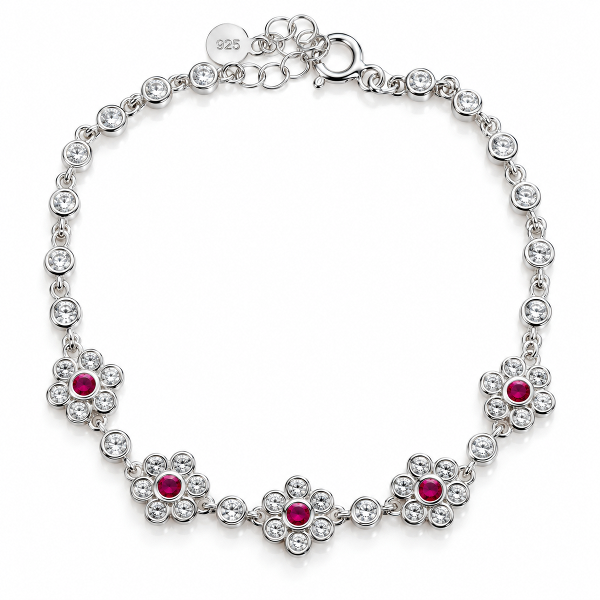 Brățară „Rubina Floris” din Argint 925 cu Flori și Pietre Roșii – Zirconii Strălucitoare, 17+3 cm. BD383