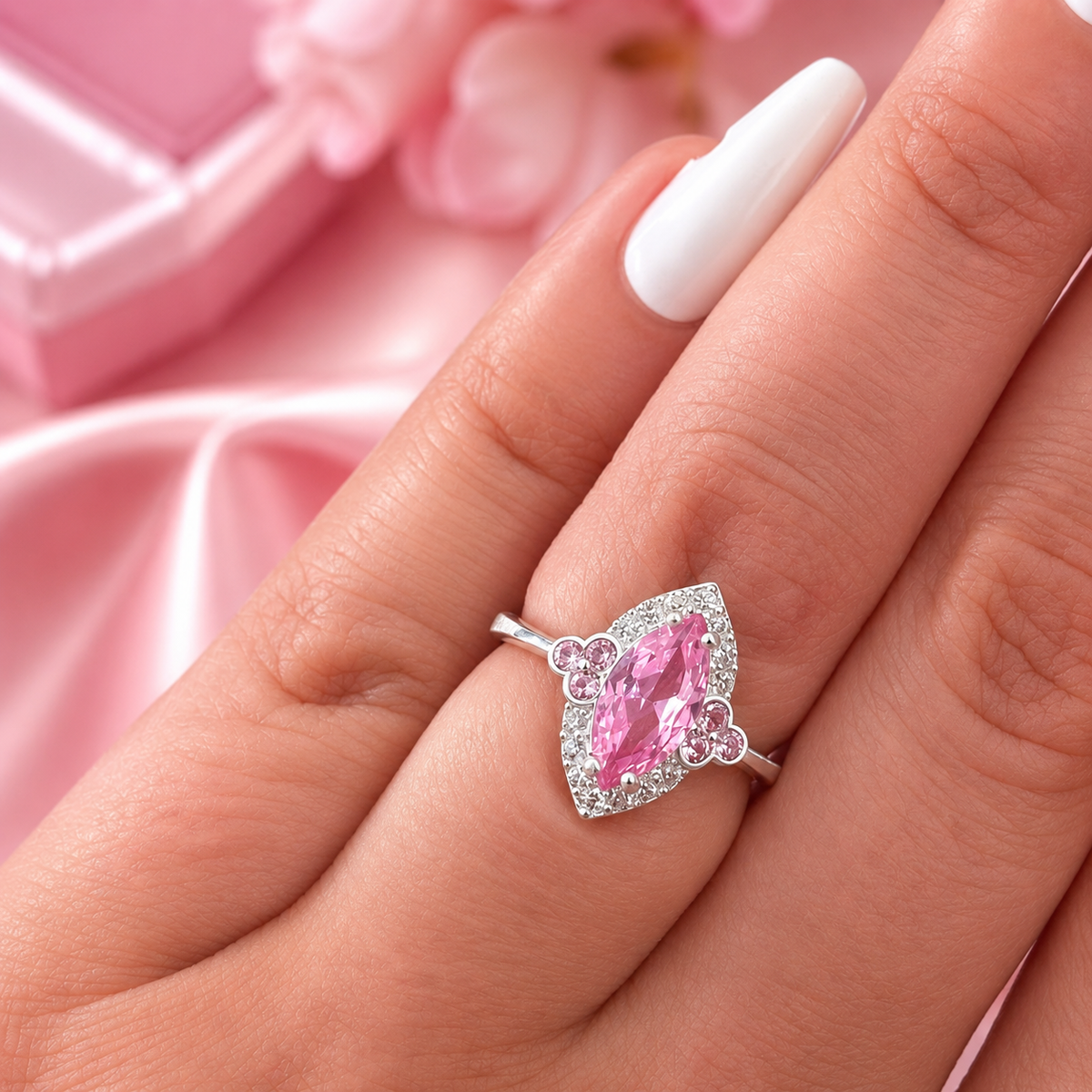 Inel „Amélie” din Argint 925 cu Piatră Roz Marchiză și Accente Florale – Eleganță Feminină. ID548