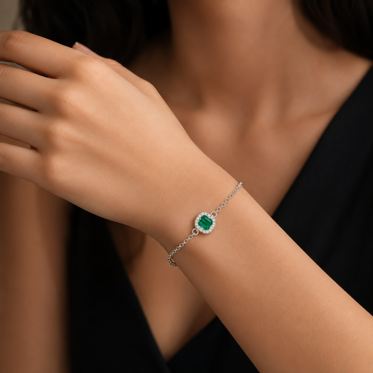 Brățară din Argint 925 Rodiat cu Malachit Verde Natural, Model Clover Luxury Tip Van Cleef, Ajustabilă 18+4 cm. BD320