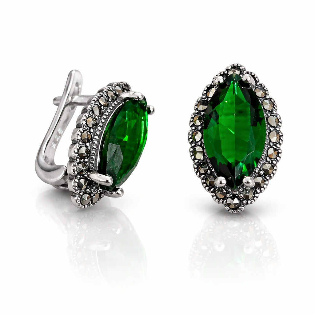 Cercei Argint 925 „Verde Imperium” – Onyx Verde Natural și Marcasite, Eleganță Vintage. CD572