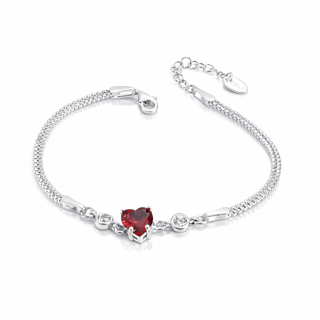 Bratara din Argint 925 cu Inima Rosie 8 mm si Cristale Zirconia – Lant Dublu Reglabil 17+3 cm. BD412