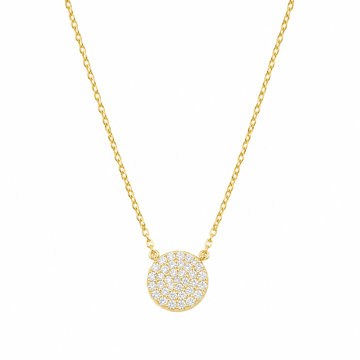 Colier Argint 925 Placat cu Aur 14K cu Pandantiv Rotund Zirconii 9 mm – Lănțișor Elegant Damă, Lungime Ajustabilă 41+5 cm, Cadou Ideal. C180