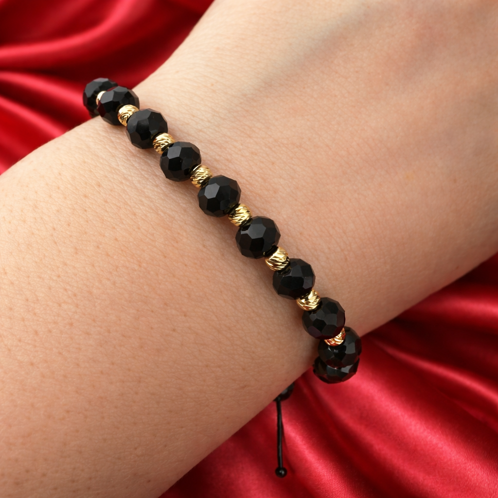 Brățară Unisex Handmade din Argint 925 Placat cu Aur, Biluțe Negre Fațetate, Lungime Ajustabilă. BS1