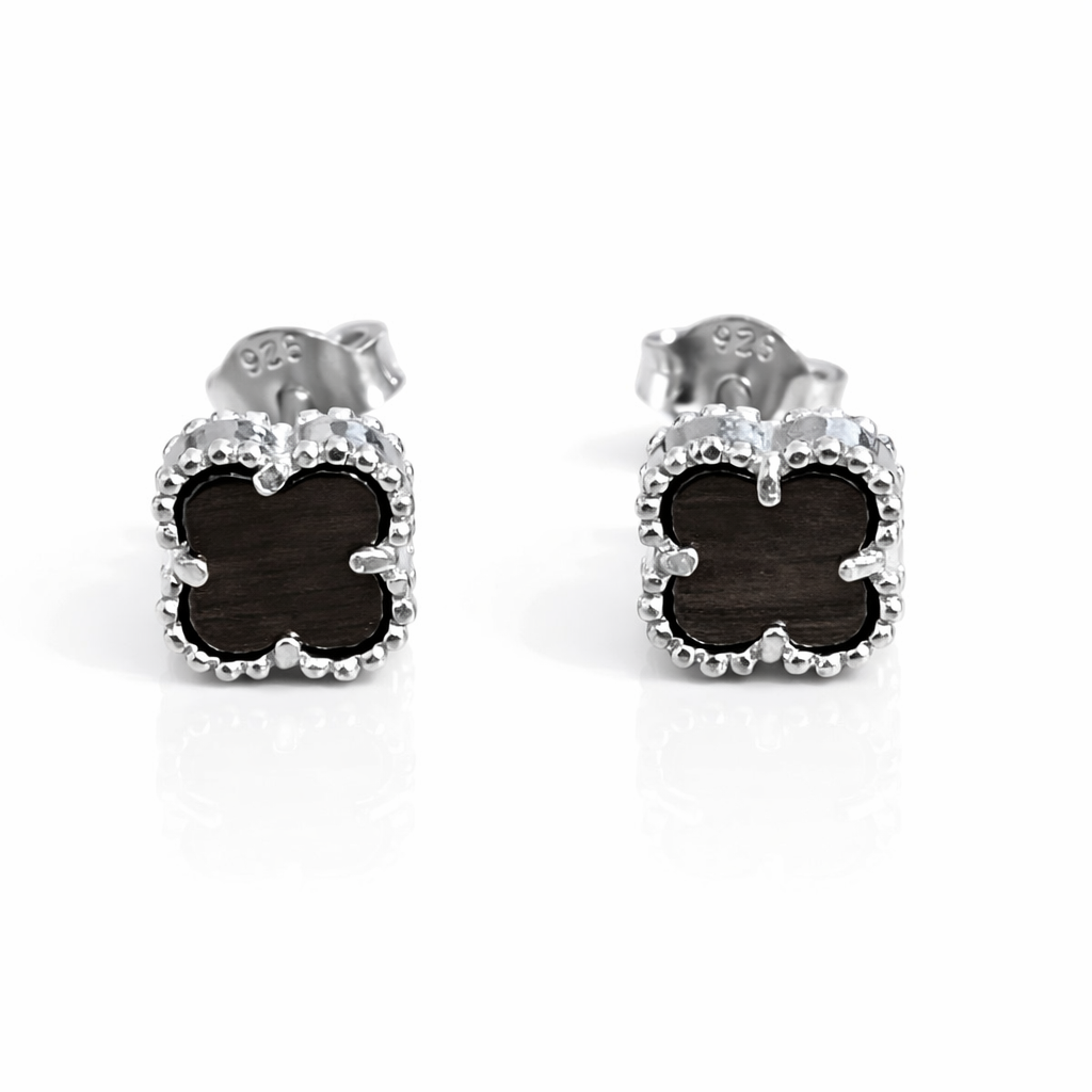 Cercei Argint 925 Rodiat Trifoi cu Sidef Negru 8 mm Eleganti Inchidere Surub Cadou Cutie Bijuterii Romania. CD376