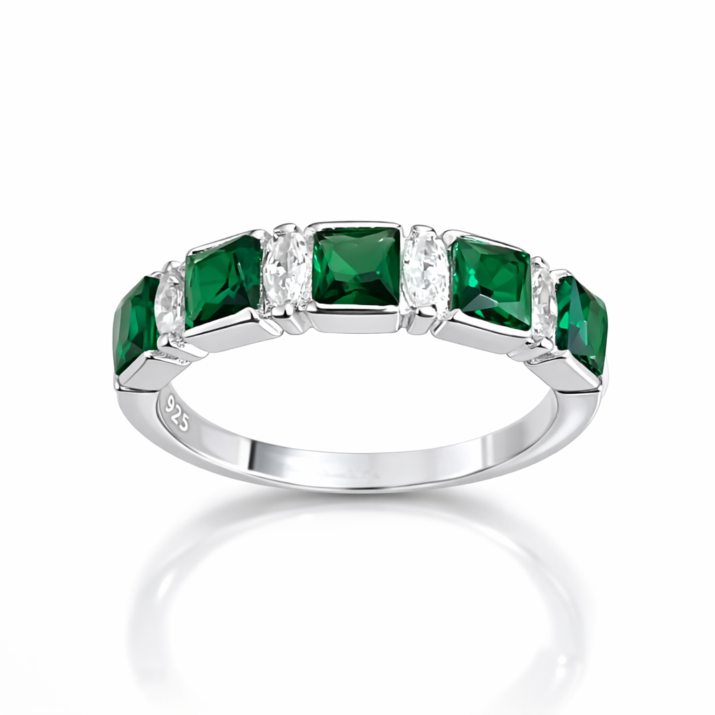 Inel Argint 925 cu Zirconii Verzi Smarald – Design Elegant Tip Eternity, Lățime 5 mm, Model Lux InfinityBijoux România. ID478