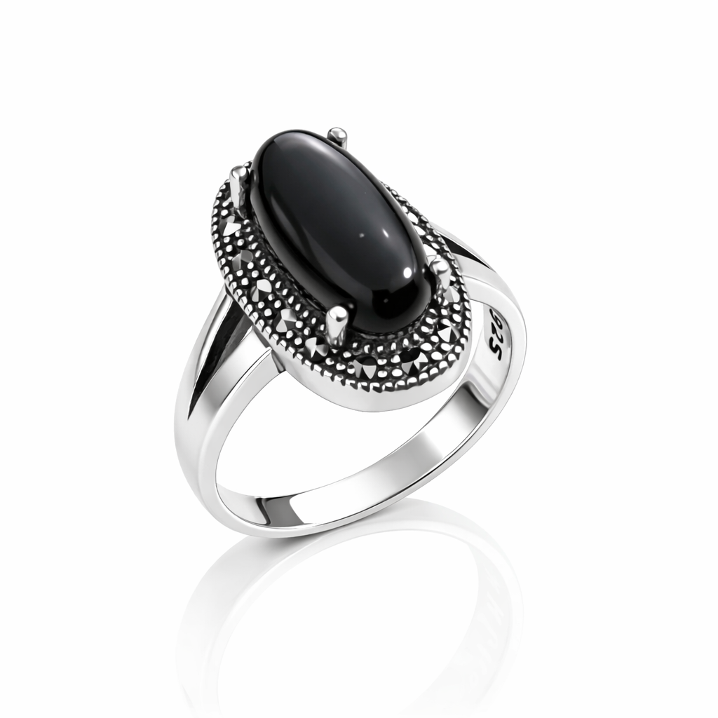 Inel Argint 925 cu Onyx Negru Oval și Marcasite – Design Elegant Vintage, Piatra 14x7 mm. ID513