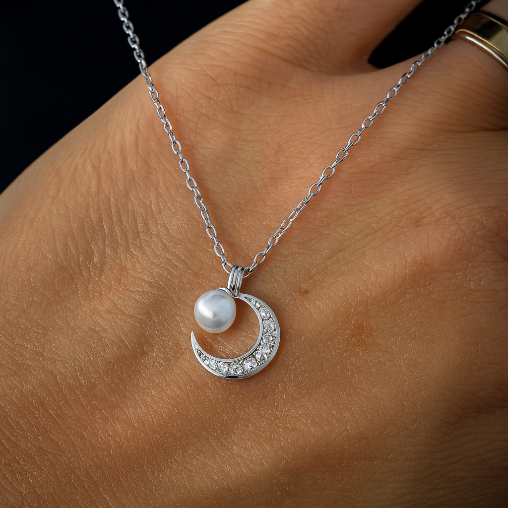 Colier din Argint 925 Rodiat cu Lună și Perlă Naturală, Eleganță Celestă