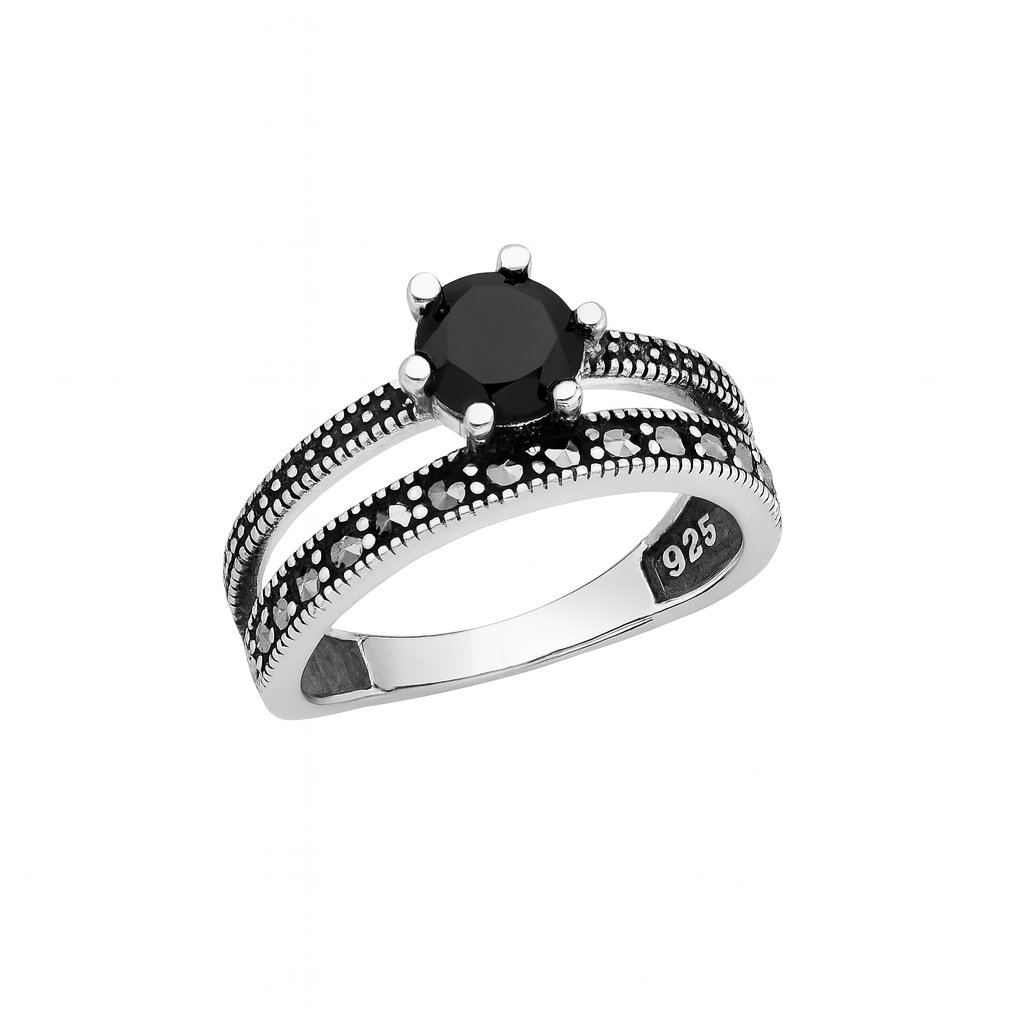 Inel din Argint 925 cu Marcasite și Piatra Neagră, Mărimea 13, Bijuterie Elegantă