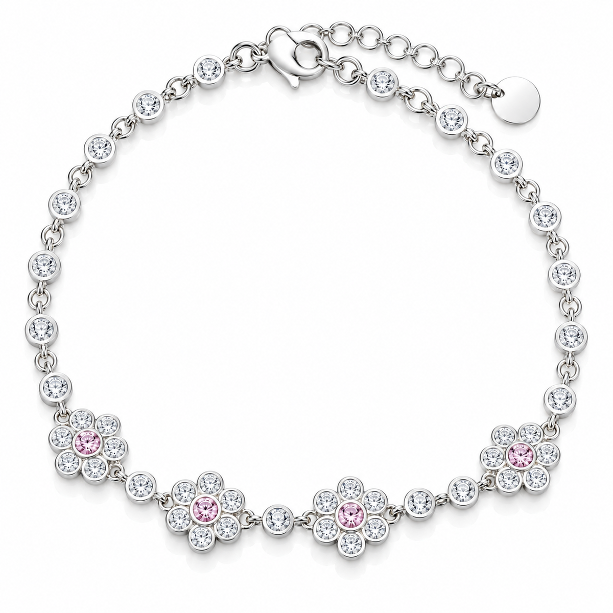 Brățară Damă „Floare de Lumină” din Argint 925 cu Pietre Roz Light Pink și Zirconii Albe – 15+3 cm, 4,84 g. BD383