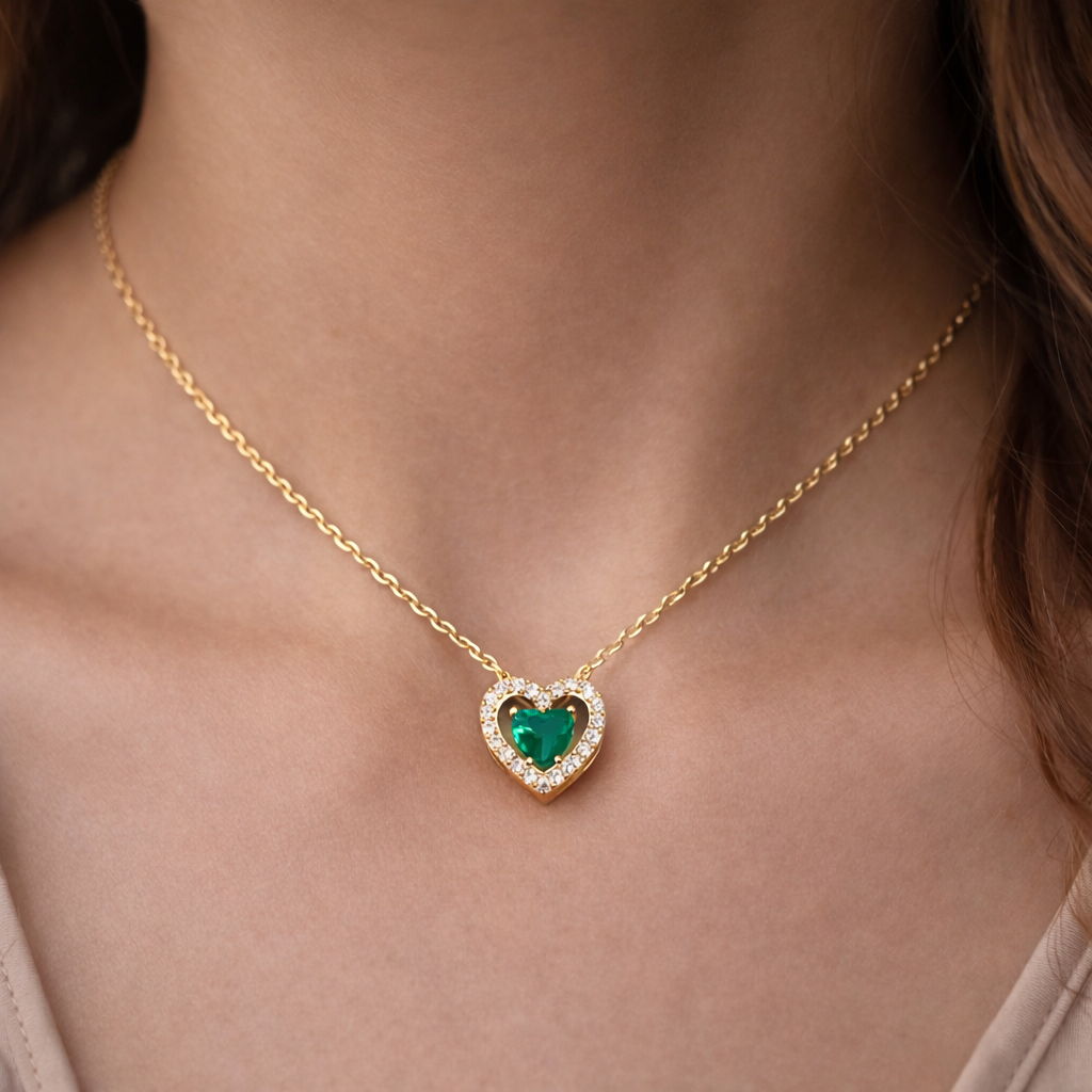 Colier Argint 925 Placat cu Aur 14K cu Pandantiv Inimă Verde 9 mm și Zirconii – Lănțișor Fin Reglabil 40+5 cm. C196
