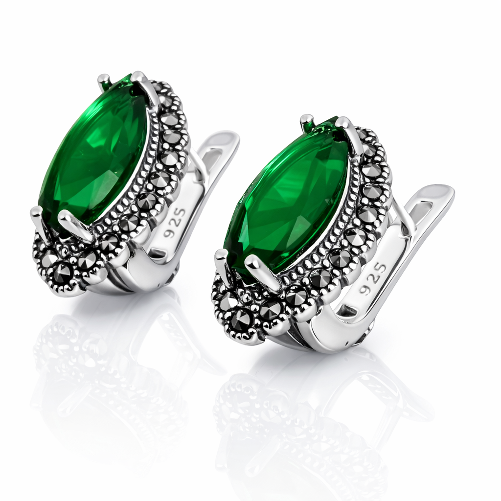 Cercei Argint 925 „Verde Imperium” – Onyx Verde Natural și Marcasite, Eleganță Vintage. CD572