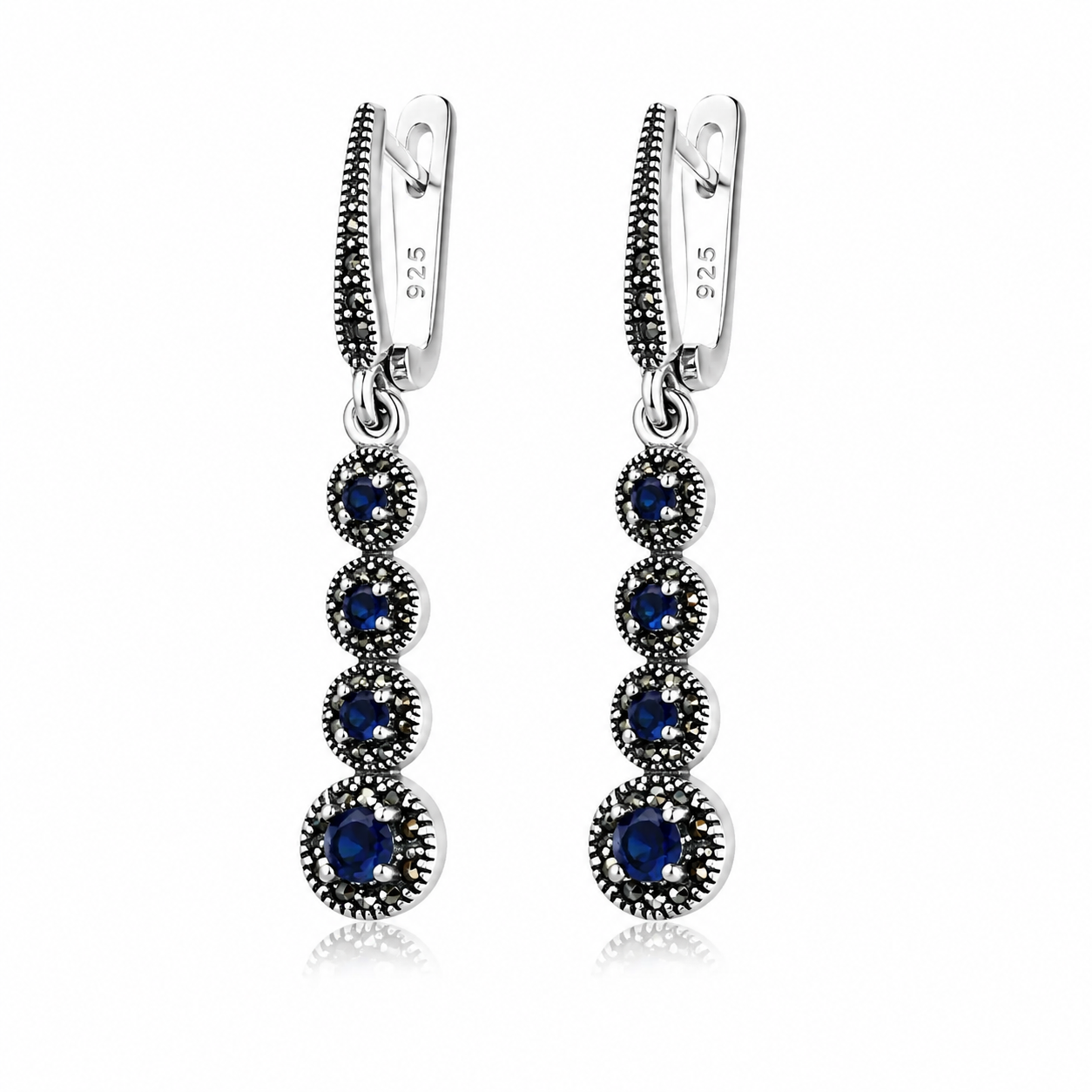 Cercei din Argint 925 cu Marcasite Naturale și Cristale Albastre „Stropii Regali”. CD621