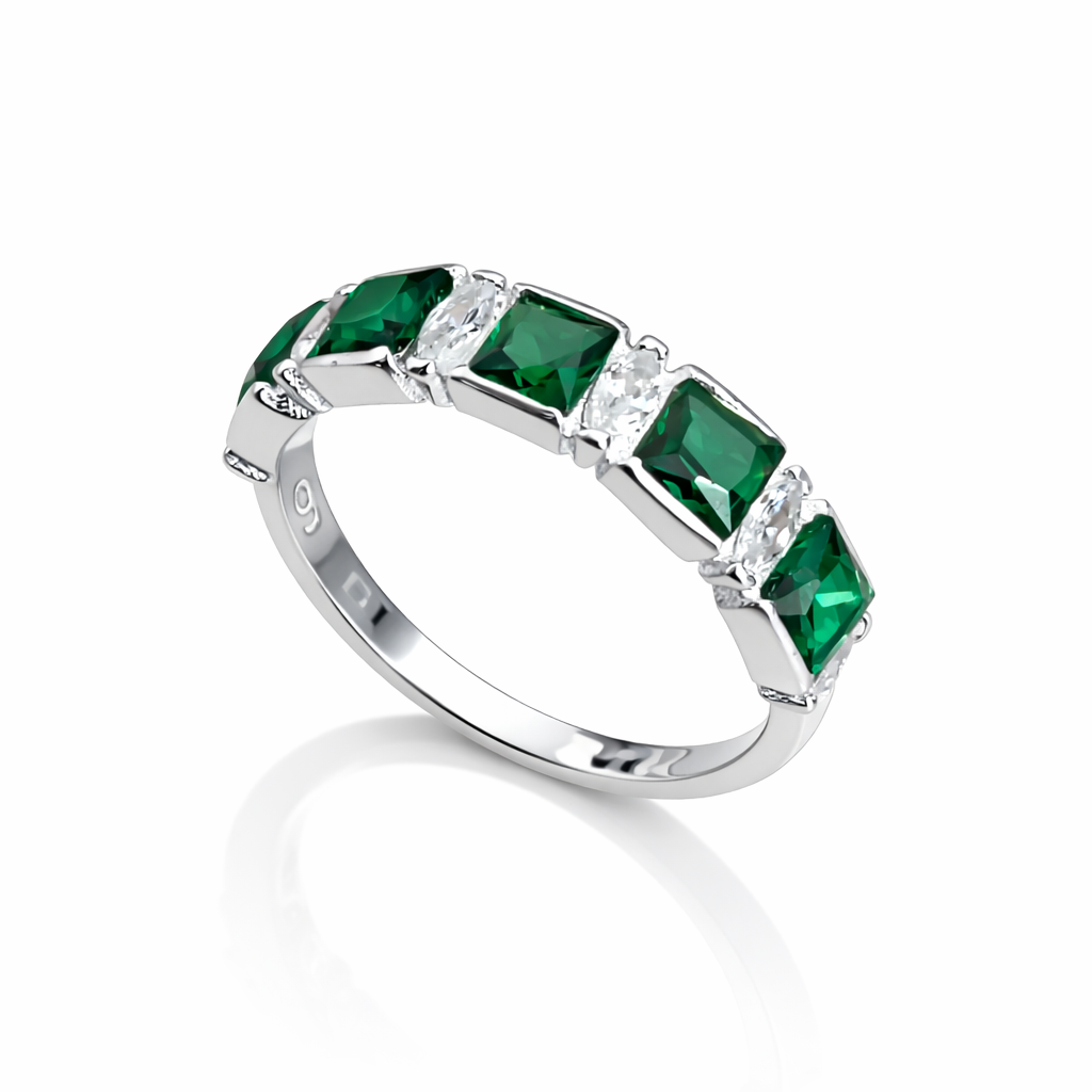 Inel Argint 925 cu Zirconii Verzi Smarald – Design Elegant Tip Eternity, Lățime 5 mm, Model Lux InfinityBijoux România. ID478