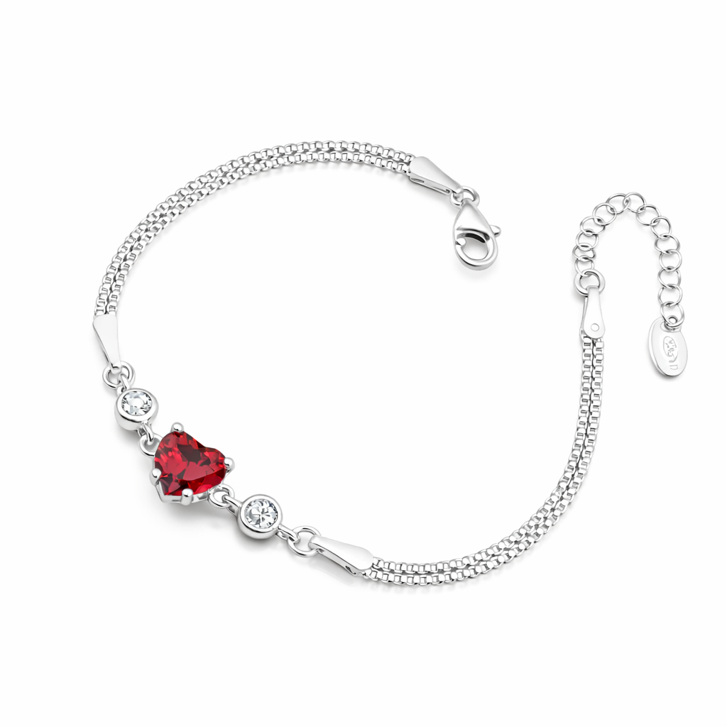 Bratara din Argint 925 cu Inima Rosie 8 mm si Cristale Zirconia – Lant Dublu Reglabil 17+3 cm. BD412