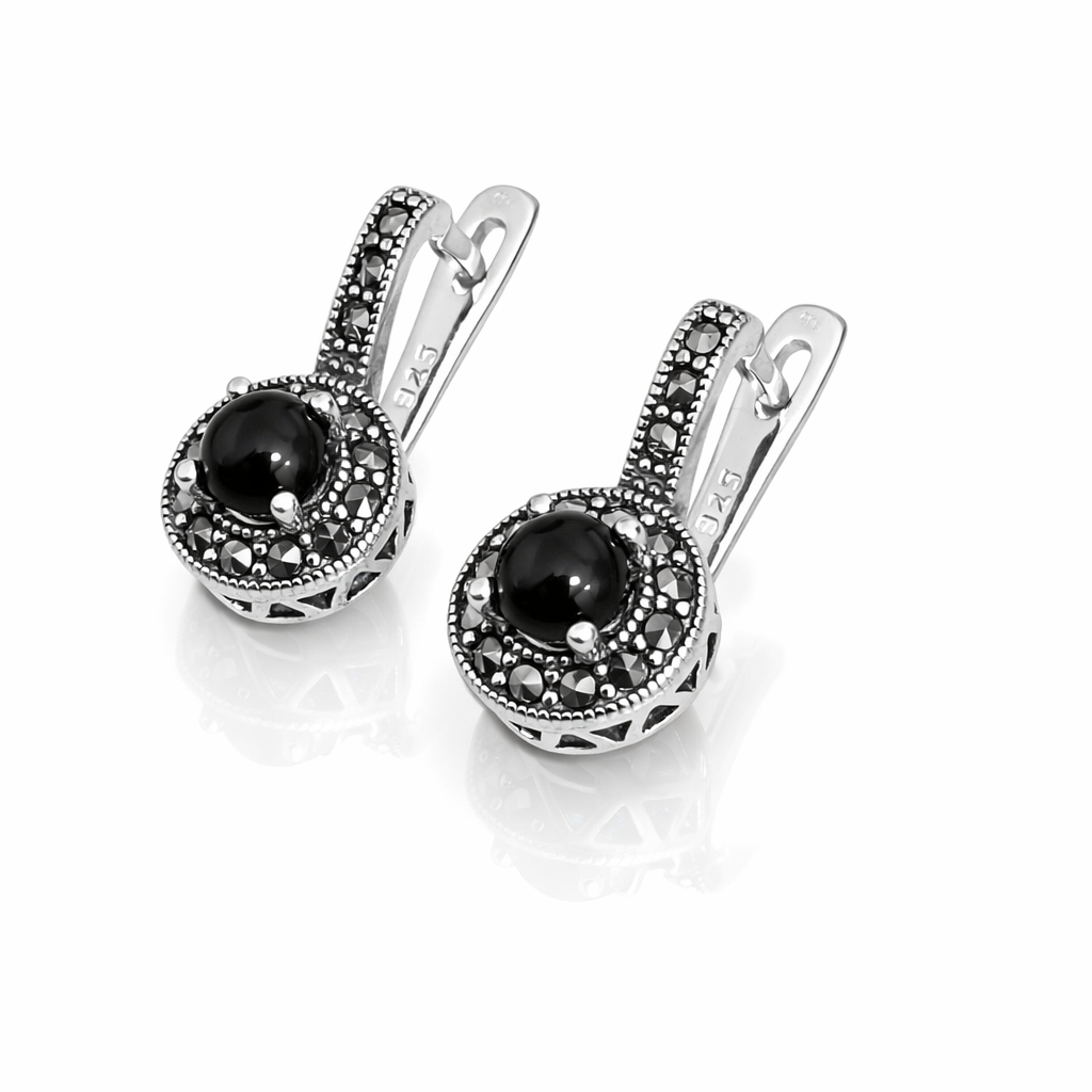 Cercei din Argint 925 cu Onyx Negru și Marcasite – Design Elegant Vintage, 23 mm. CD570