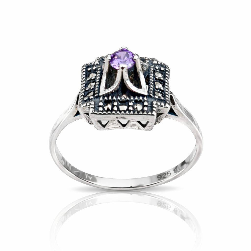 Inel Argint 925 Vintage cu Marcasite si Ametist Mov – Design Elegant Geometric, Stil Clasic Rafinat. ID510
