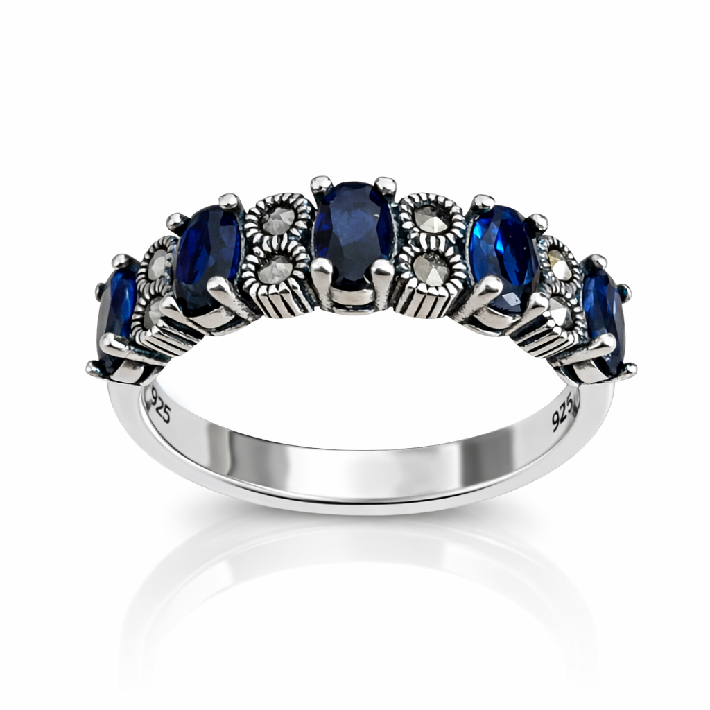 Inel Argint 925 cu Marcasite si Cristale Albastre – Stil Vintage Elegant, Latime 5 mm, Cadou Premium Femei. ID499