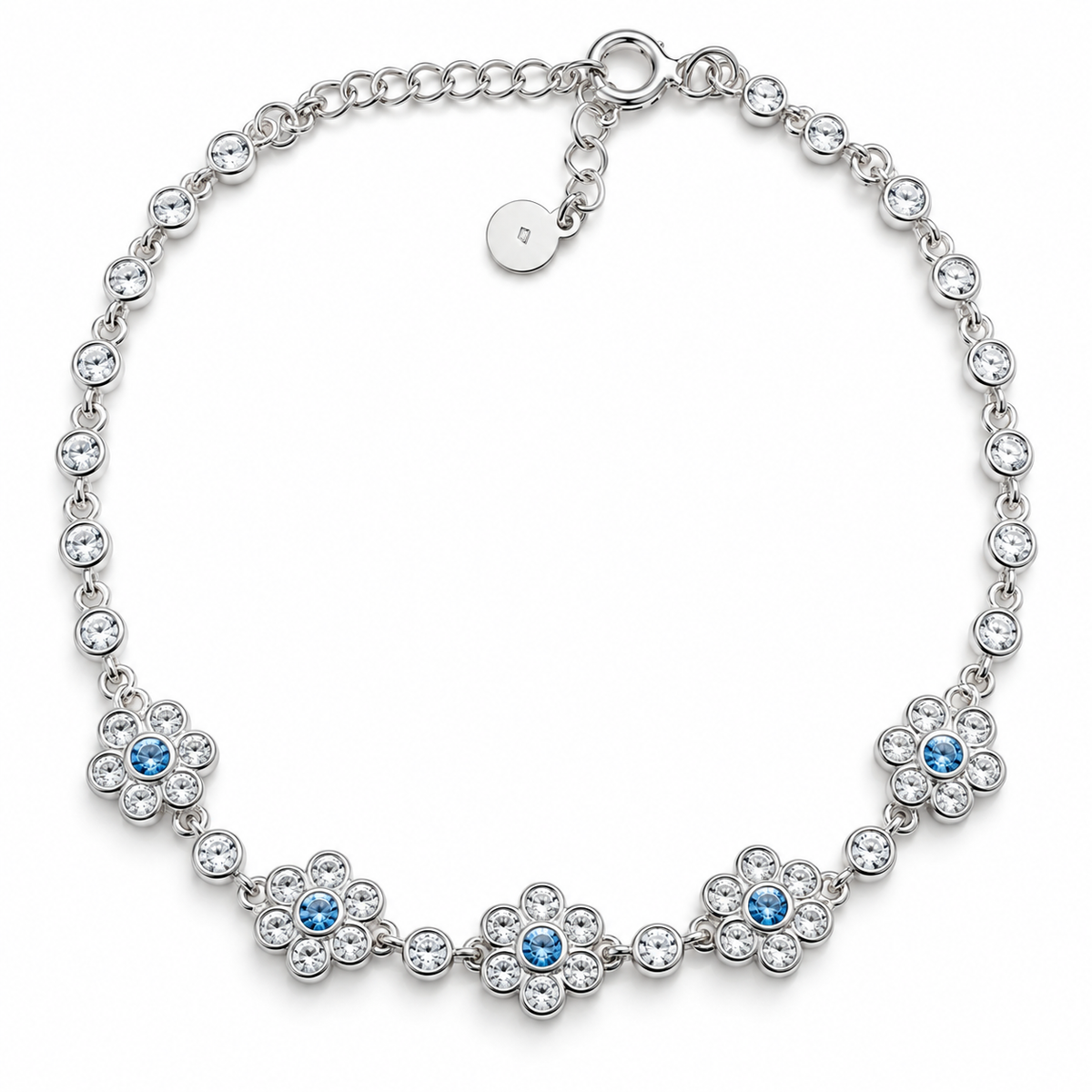 Brățară din Argint 925 „Floralia Azure” cu Flori și Zirconii Albastre – 17 + 3 cm. BD383