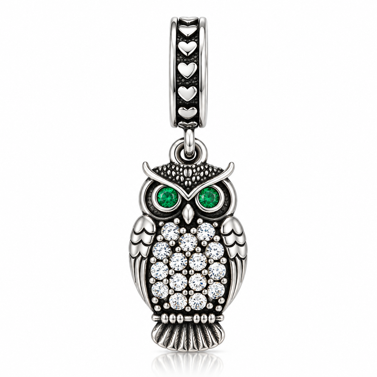 Pandantiv Charm din Argint 925 „Bufnița Înțelepciunii” cu Ochi Verzi și Zirconii – 1 cm, 2,14 g