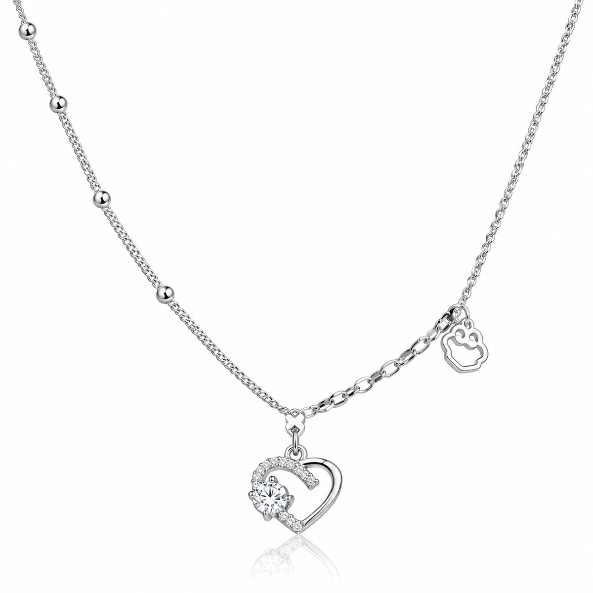 Colier Inimă cu Cristal și Charm Lăbuță din Argint 925 – 40+5 cm. C161