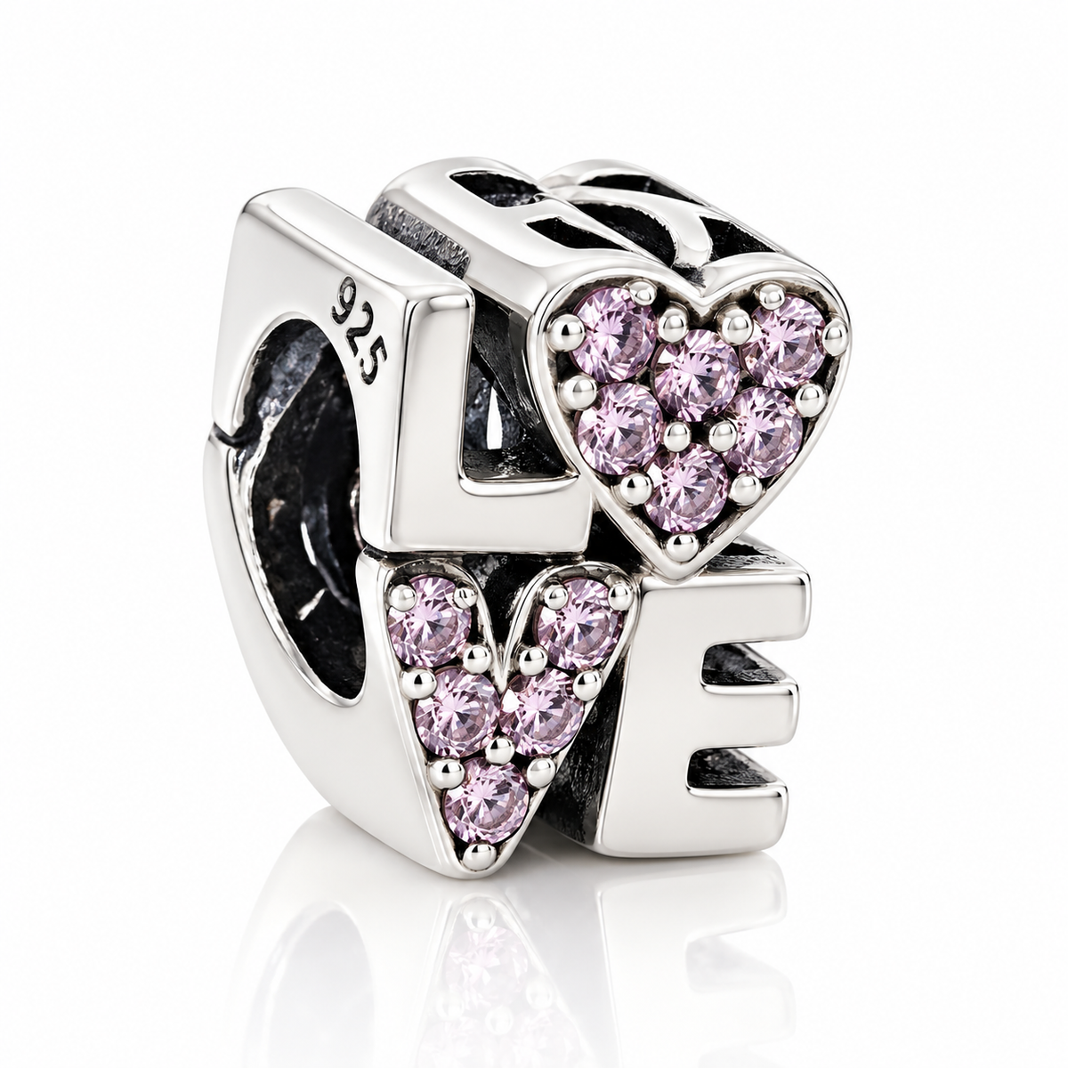 Charm LOVE din Argint 925 cu Inimi și Pietre Roz – Talisman al Iubirii. T92
