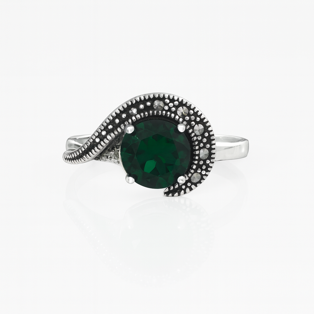 Bijuterie damă din argint 925 cu marcasite și piatră verde rotundă