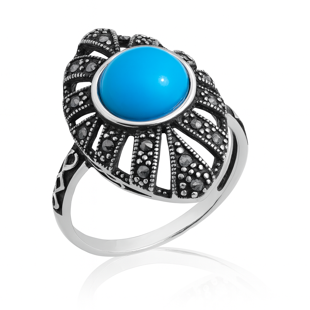 Bijuterie damă – inel argint cu piatră turcoaz și marcasite, design detaliat