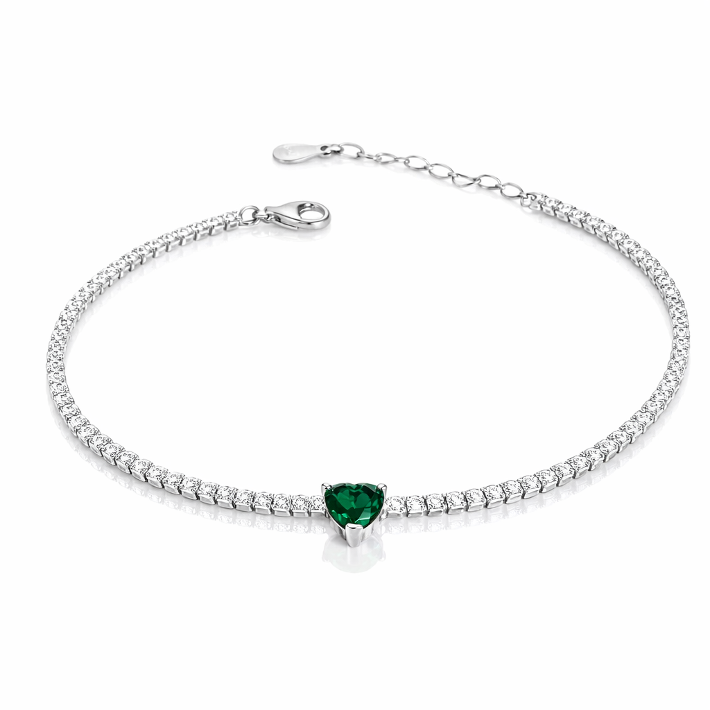 Bijuterie din argint 925, brățară cu piatră verde în formă de inimă și lungime ajustabilă 17+3 cm.