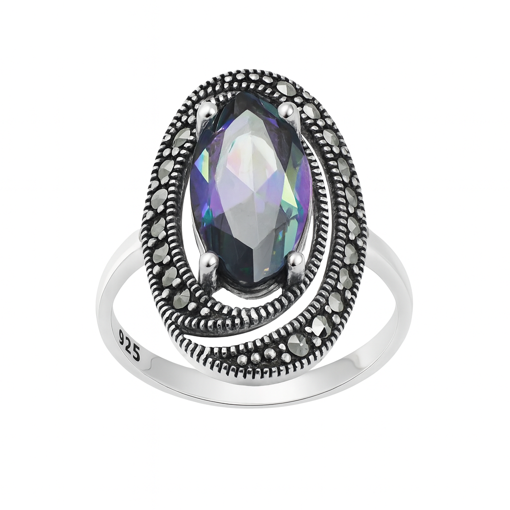 Bijuterie elegantă din argint cu piatră Mystic Topaz iridescentă și marcasite