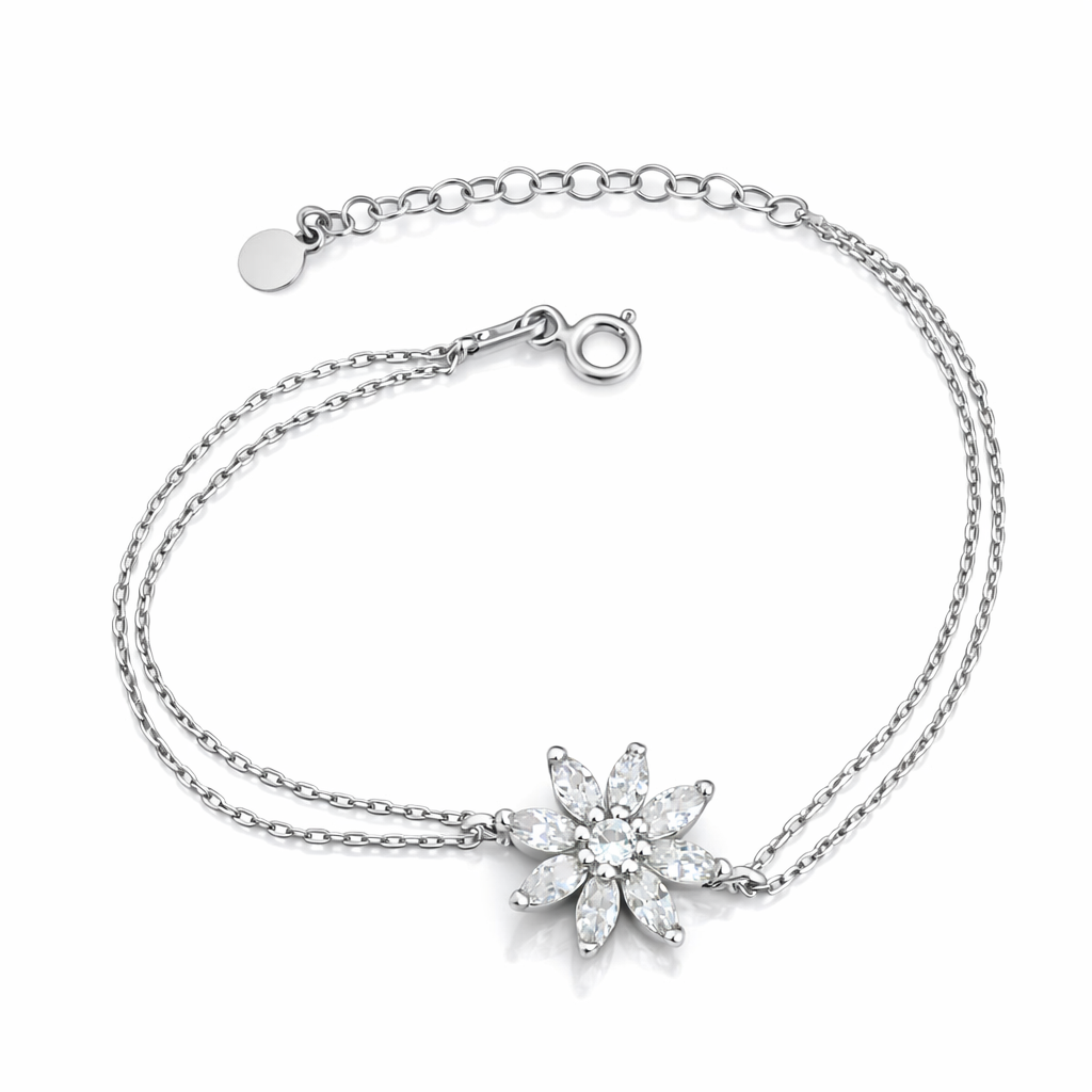 Bijuterie fină din argint rodiat cu floare zirconiu, brățară ajustabilă 16+4 cm