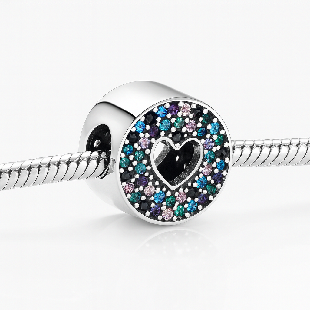 Bijuterie tip charm din Argint 925 cu inimă și zirconii colorate pentru brățări