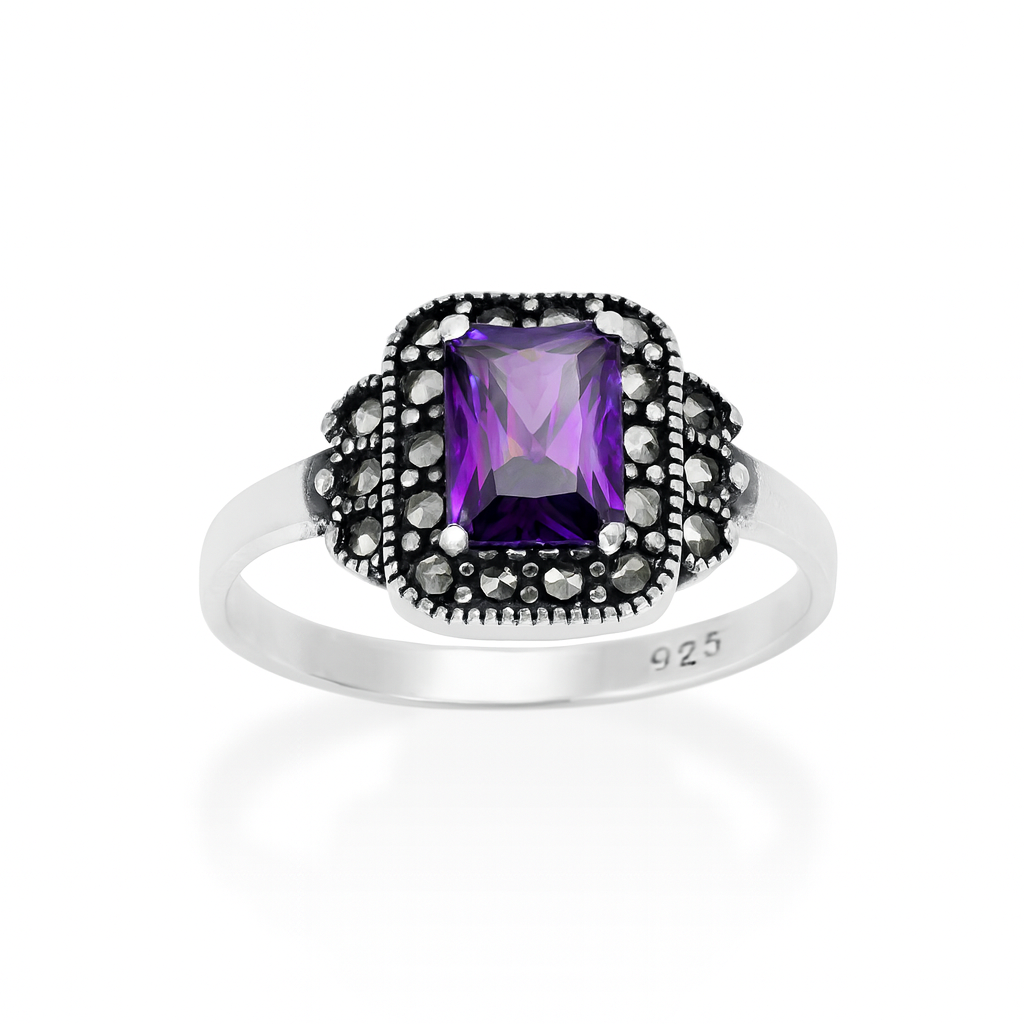 Bijuterie vintage din argint 925 cu marcasite și cristal mov pentru damă