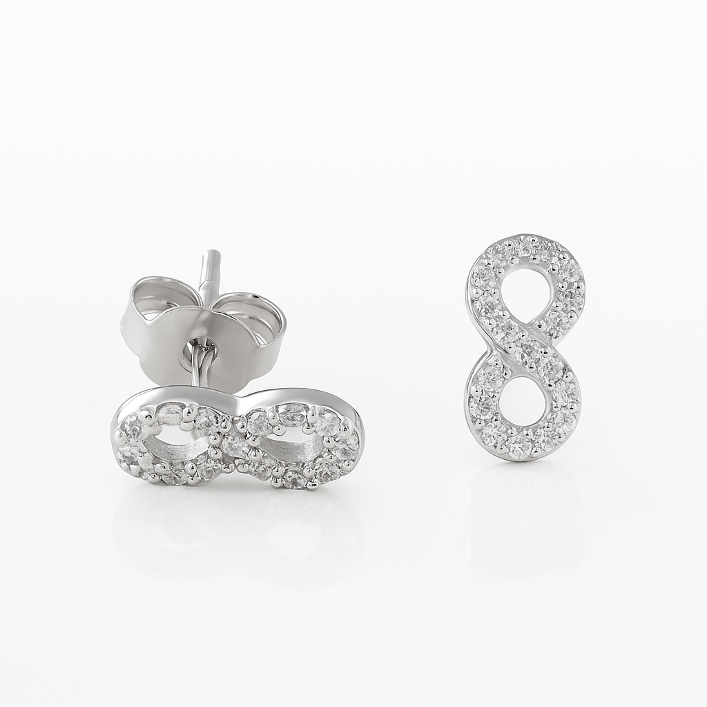 Bijuterii argint – cercei Infinit rodiati cu zirconii, luciu intens și design elegant, livrați în cutie de cadou cu certificat de conformitate.