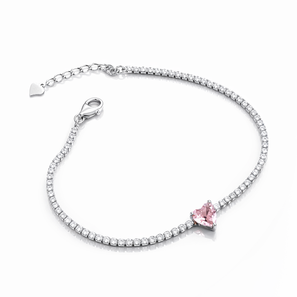 Brățară argint 925 cu zirconii și piatră centrală roz inimă, bijuterie damă Infinity Bijoux