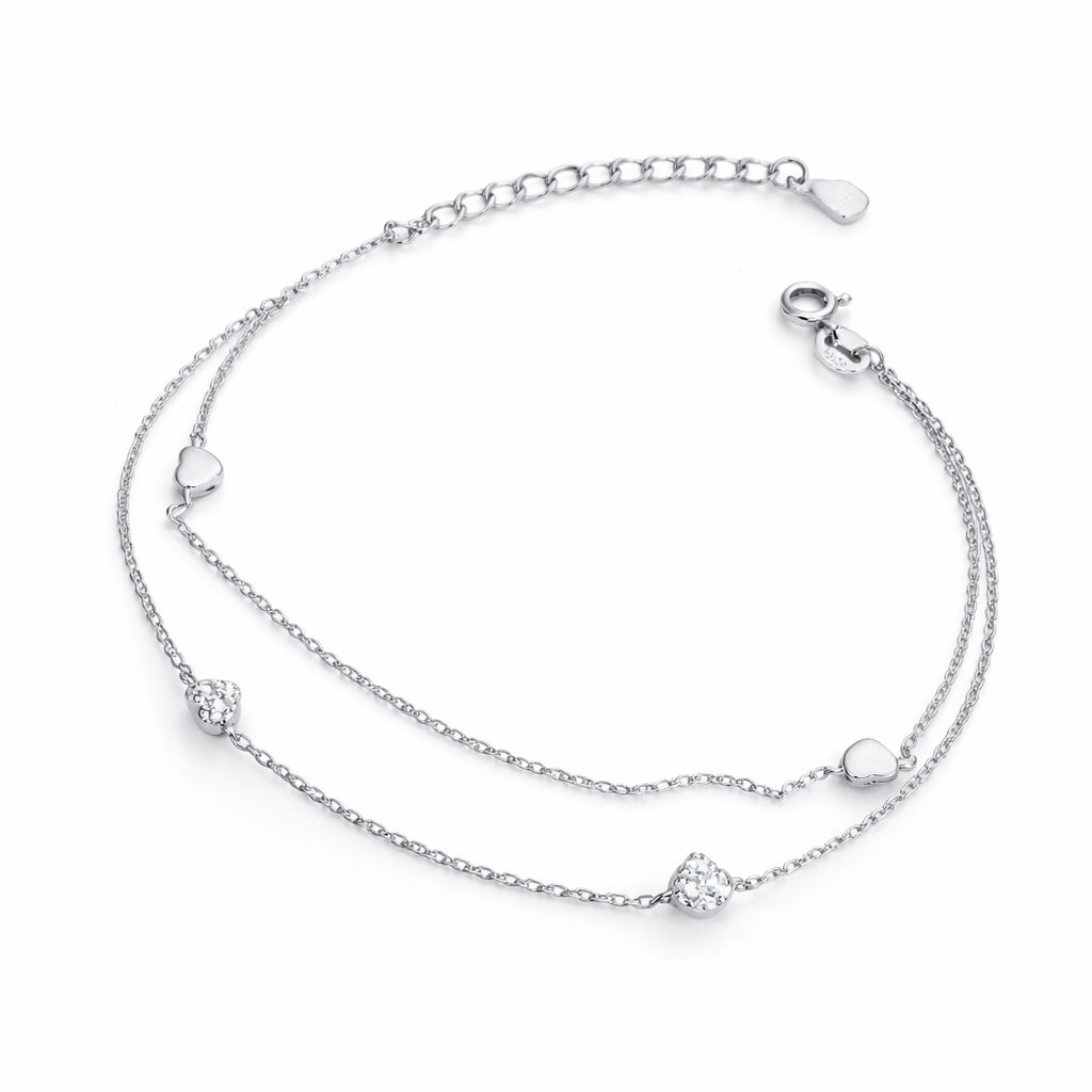 Brățară argint 925 pentru damă, model dublu cu inimă metalică și inimă cu zirconiu
