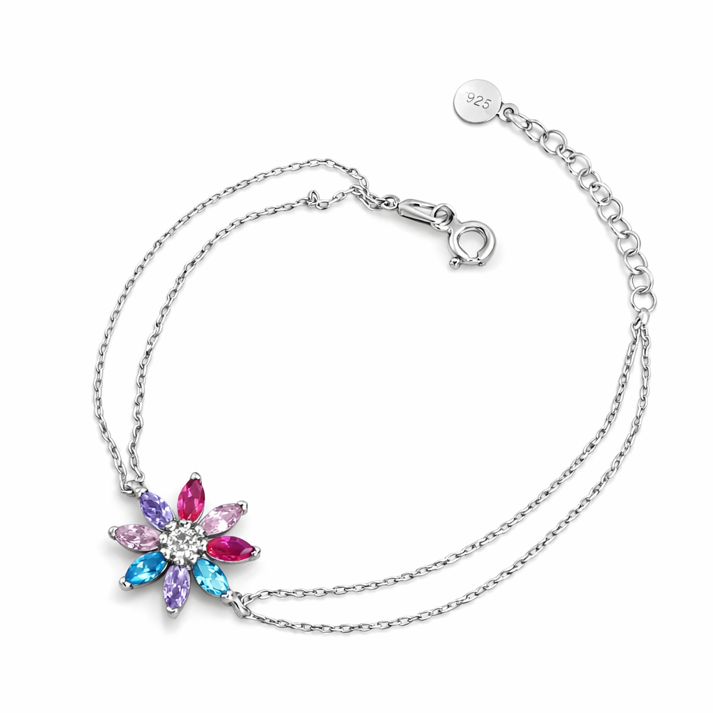 Brățară argint cu motiv floral și pietre multicolore, design delicat cu fir dublu