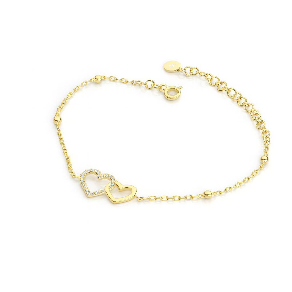 Brățară aurie din argint 925 cu inimi împletite, lungime ajustabilă 16+4 cm, bijuterie cadou pentru ea
